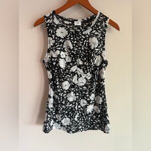 Cabi Black White Floral Star Print Mesh Ruched Sleeveless Tank Top S
